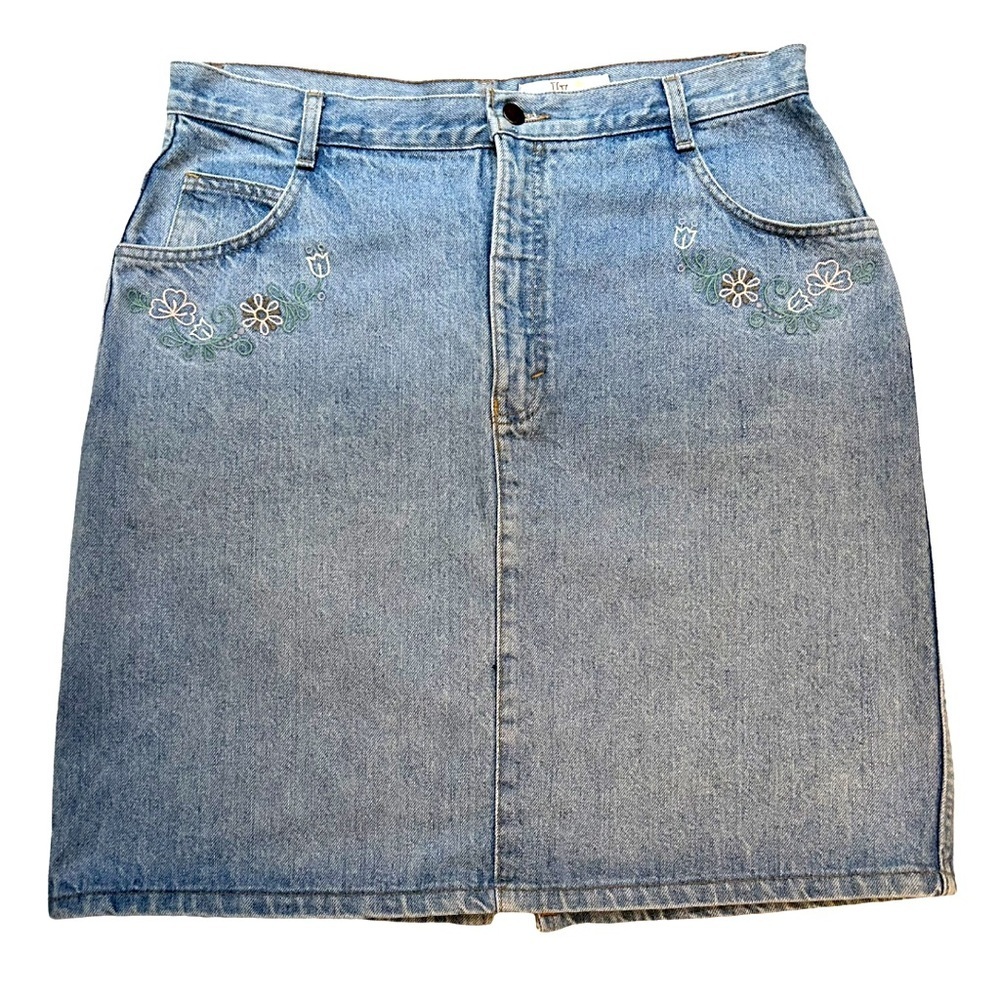 Vintage | Jessica Jeans | Floral Embroidered Denim Skirt | Size 18 (fits 12-14)